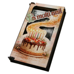Caseta cadou din lemn pentru bani "La multi ani!" 17.5 x 10 cm, cu tort
