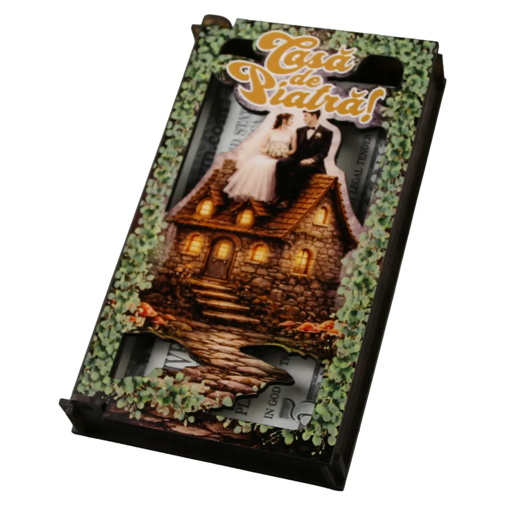 Caseta cadou din lemn pentru bani "Casa de Piatra!" 17.5 x 10 cm