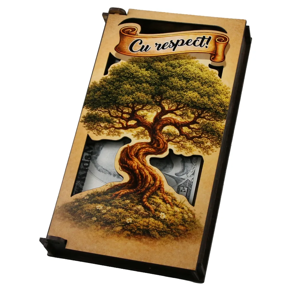 Caseta cadou din lemn pentru bani "Cu Respect!" 17.5 x 10 cm