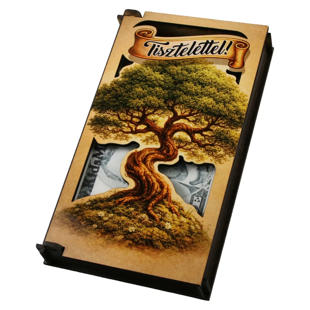 Caseta cadou din lemn pentru bani "Tisztelettel!" 17.5 x 10 cm