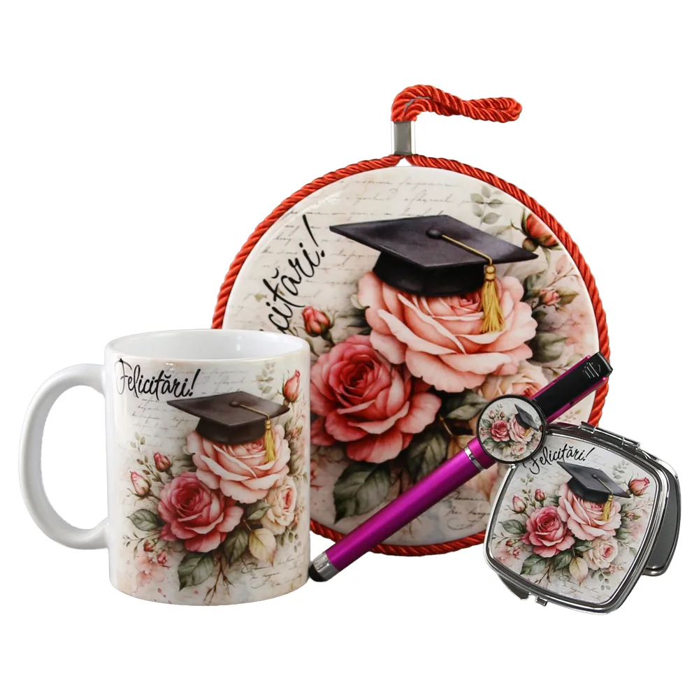 Set cadou absolvire "Felicitari!" - cana ceramica, oglinda, pix touchscreen si decor perete, cu punga cadou - imagine 2