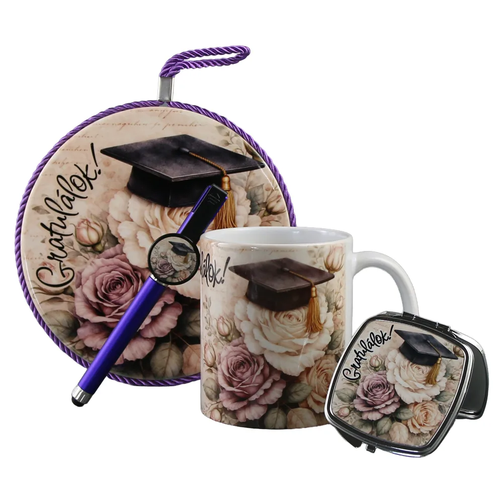 Set cadou absolvire "Gratulalok" - cana ceramica, oglinda, pix touchscreen si decor perete, cu punga cadou