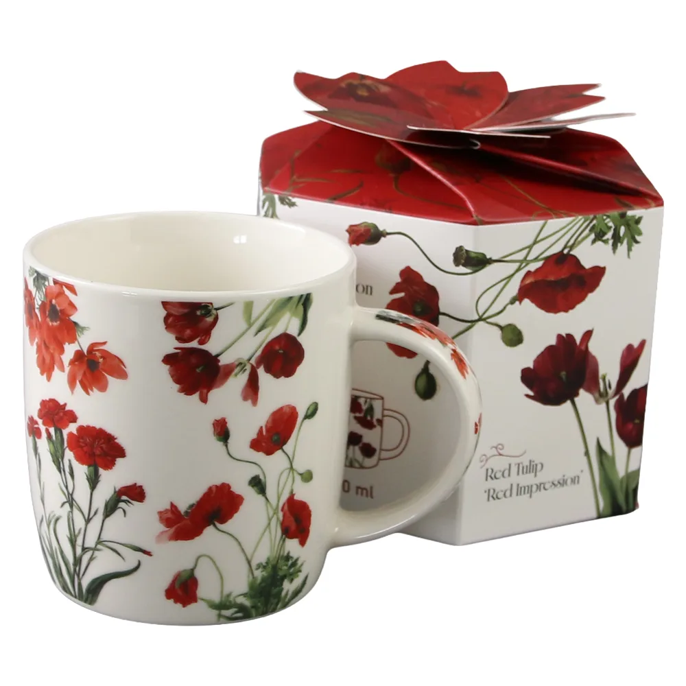 Cana portelan "Red Flowers" 400 ml, in cutie decorativa - imagine 2