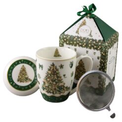 Cana de Craciun din portelan cu capac si infuzor metalic Tree Sparkle, in cutie decorativa