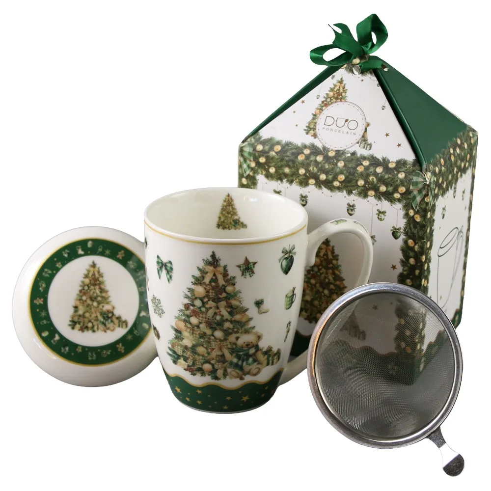 Cana de Craciun din portelan cu capac si infuzor metalic Tree Sparkle, in cutie decorativa