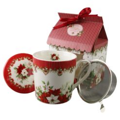 Cana de Craciun din portelan cu capac si infuzor metalic Christmas Flower, in cutie decorativa
