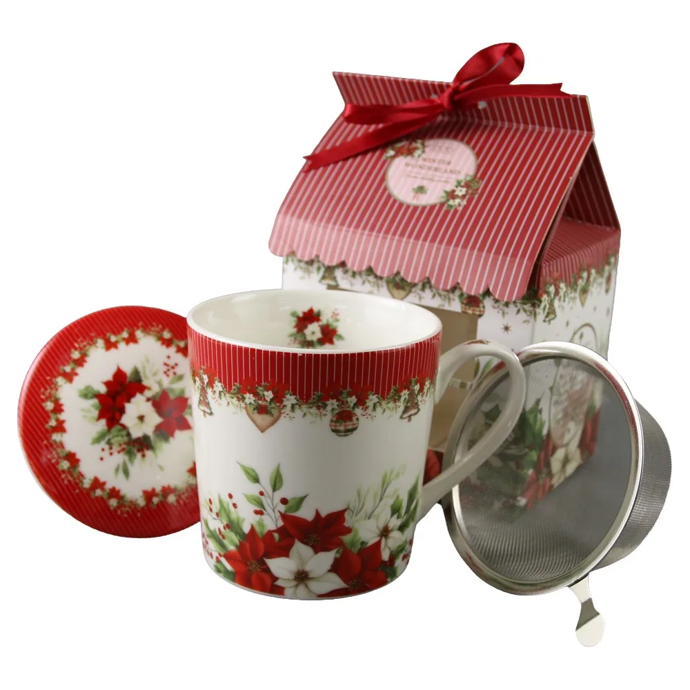Cana de Craciun din portelan cu capac si infuzor metalic Christmas Flower, in cutie decorativa