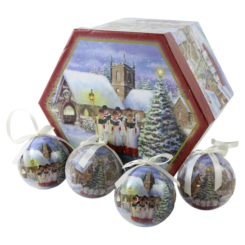 Set 14 globuri de brad din plastic Colindatori 7.5 cm, in cutie decorativa