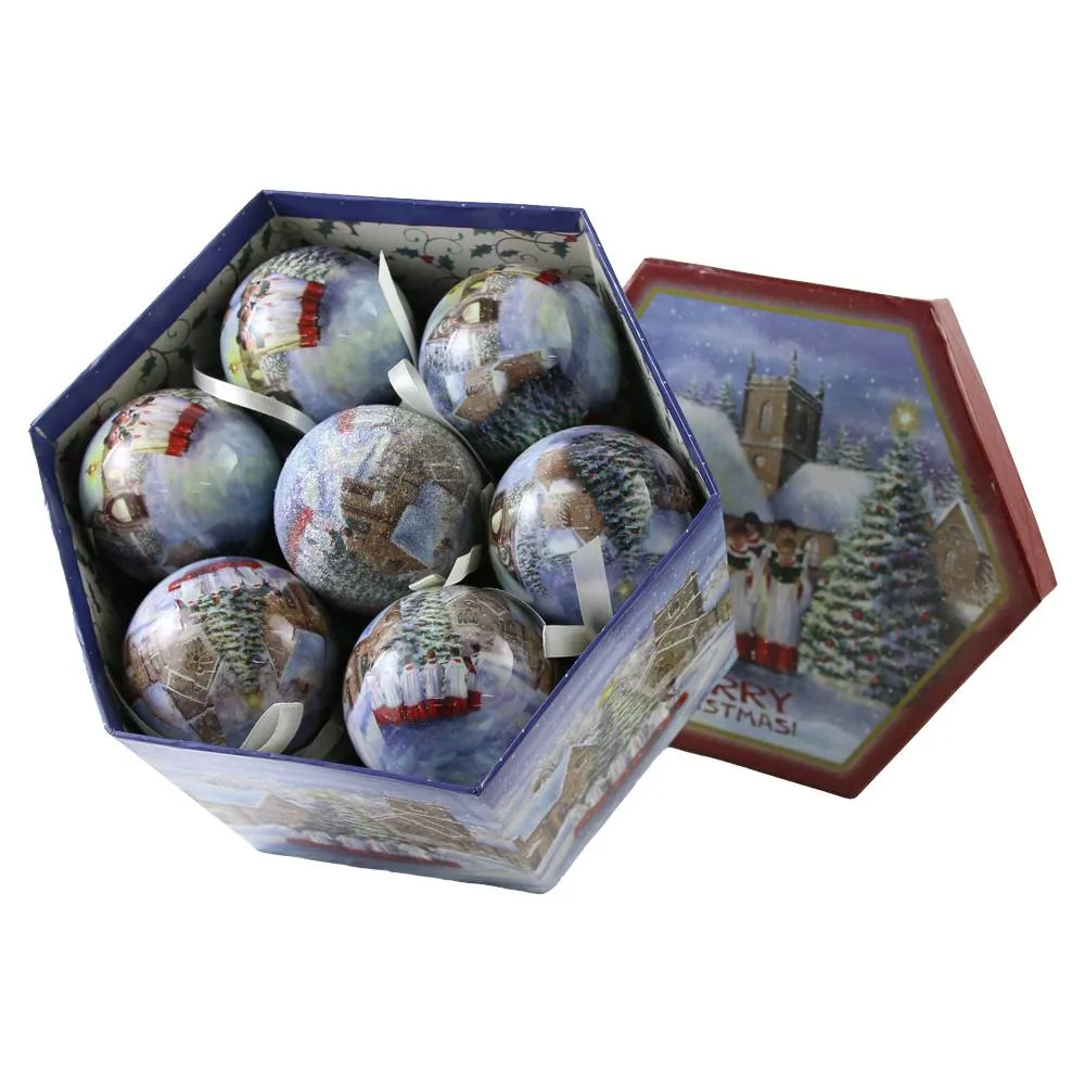 Set 14 globuri de brad din plastic Colindatori 7.5 cm, in cutie decorativa - imagine 2