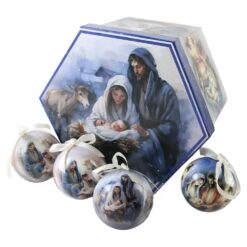 Set 14 globuri de brad din plastic Sfanta Familie 7.5 cm, in cutie decorativa