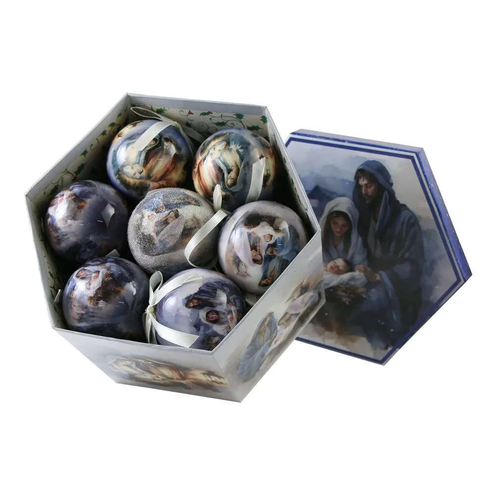 Set 14 globuri de brad din plastic Sfanta Familie 7.5 cm, in cutie decorativa - imagine 2