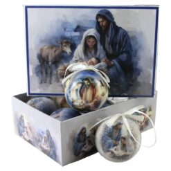 Set 6 globuri de brad din plastic Sfanta Familie 6 cm, in cutie decorativa