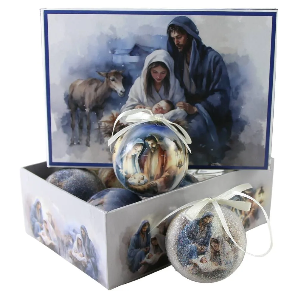 Set 6 globuri de brad din plastic Sfanta Familie 6 cm, in cutie decorativa