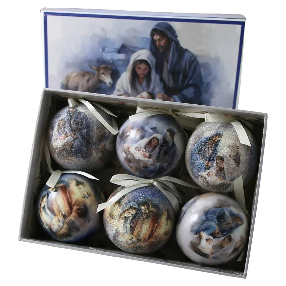 Set 6 globuri de brad din plastic Sfanta Familie 6 cm, in cutie decorativa - imagine 2