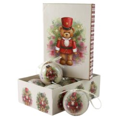 Set 6 globuri de brad din plastic Ursulet 6 cm, in cutie decorativa