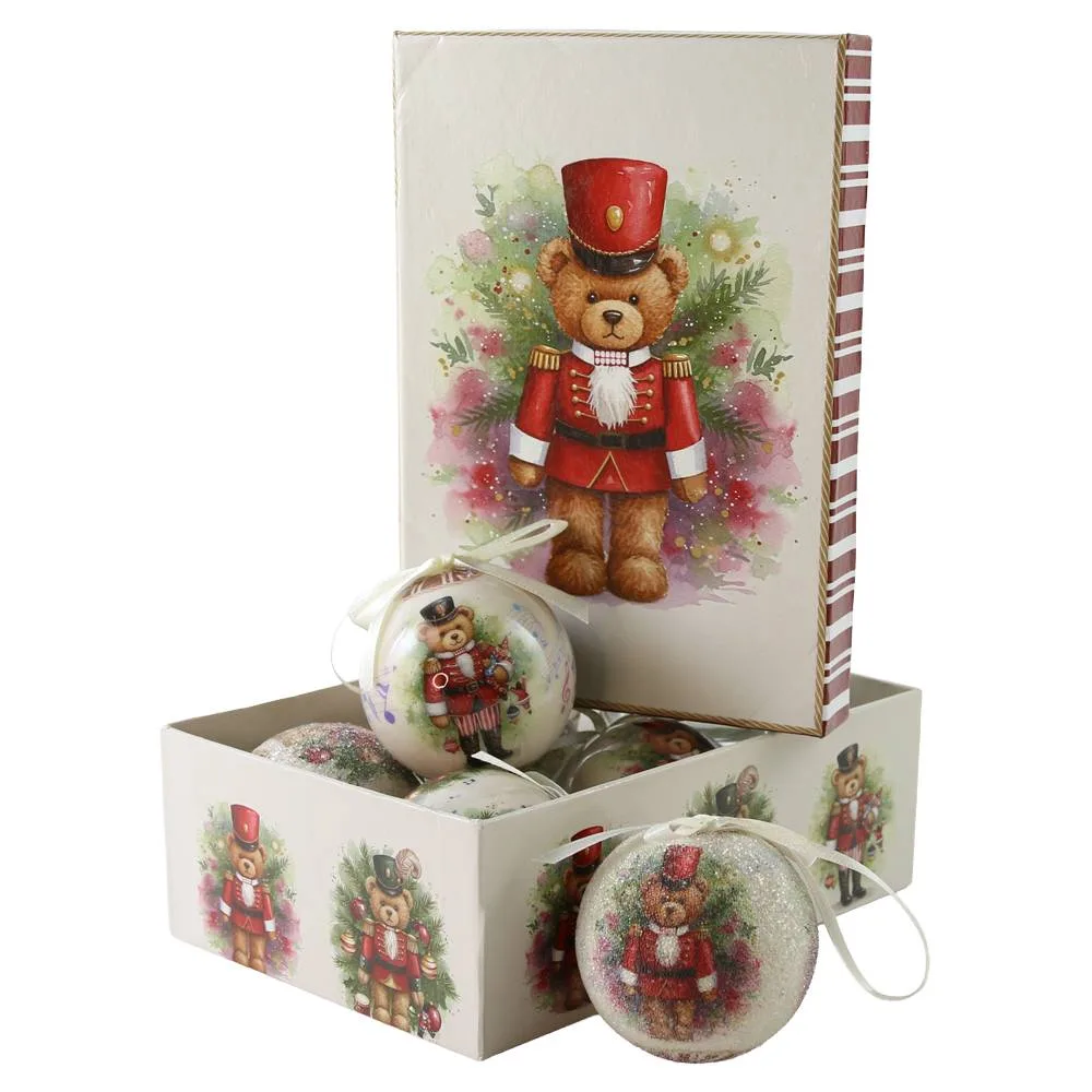Set 6 globuri de brad din plastic Ursulet 6 cm, in cutie decorativa