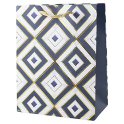 Punga cadou din hartie 18x23 cm, cu model geometric - albastru, alb si auriu