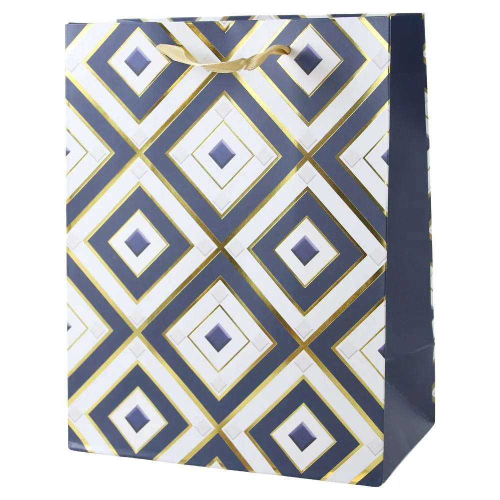 Punga cadou din hartie 18x23 cm, cu model geometric - albastru, alb si auriu