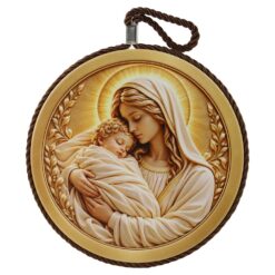 Decor de perete din ceramica Fecioara Maria cu pruncul 17 cm, maro