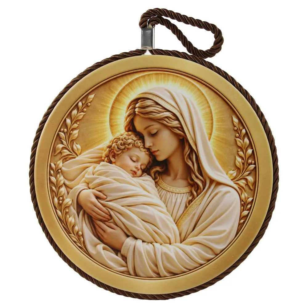 Decor de perete din ceramica Fecioara Maria cu pruncul 17 cm, maro