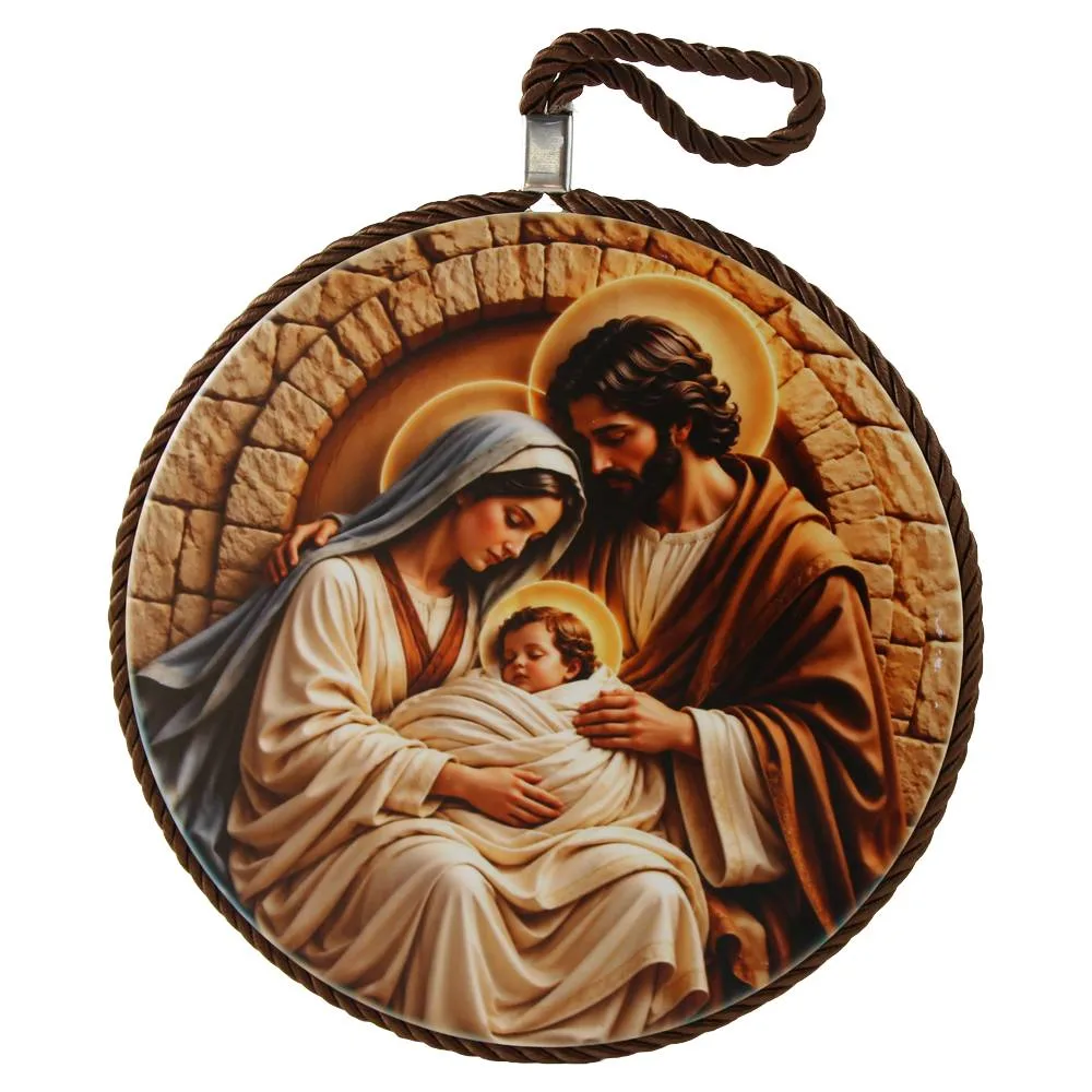 Decor de perete din ceramica Sfanta Familie 17 cm, maro