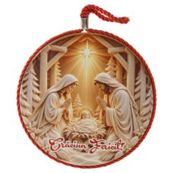 Decor de perete din ceramica "Craciun Fericit" Sfanta Familie 17 cm, rosu