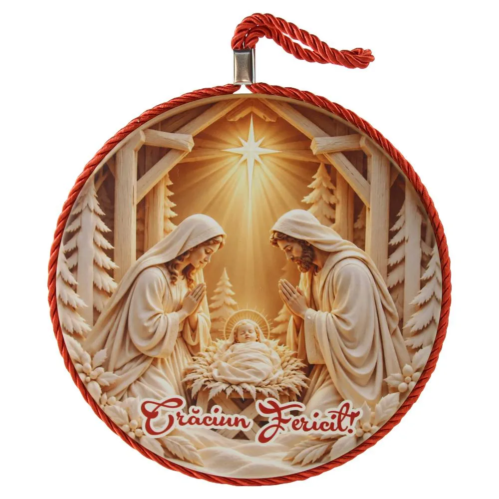 Decor de perete din ceramica "Craciun Fericit" Sfanta Familie 17 cm, rosu