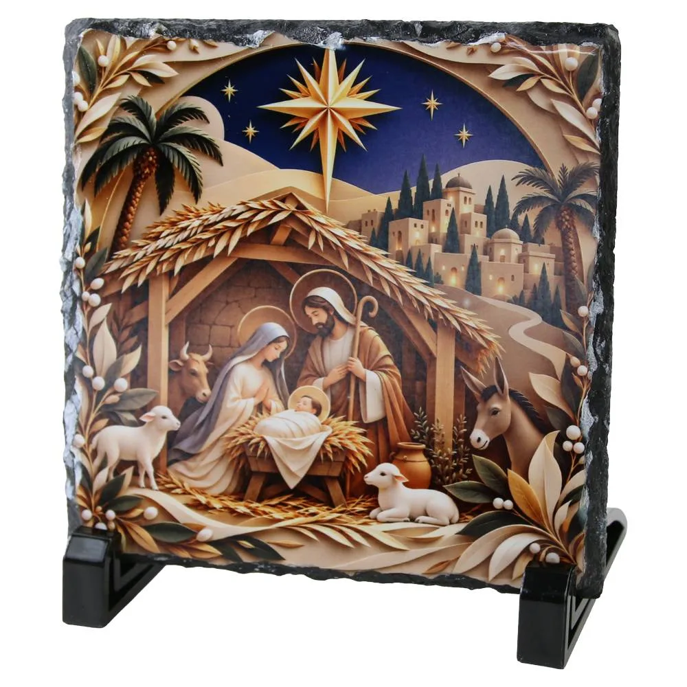 Placa ardezie 14x14 cm, Sfanta Familie in Betleem