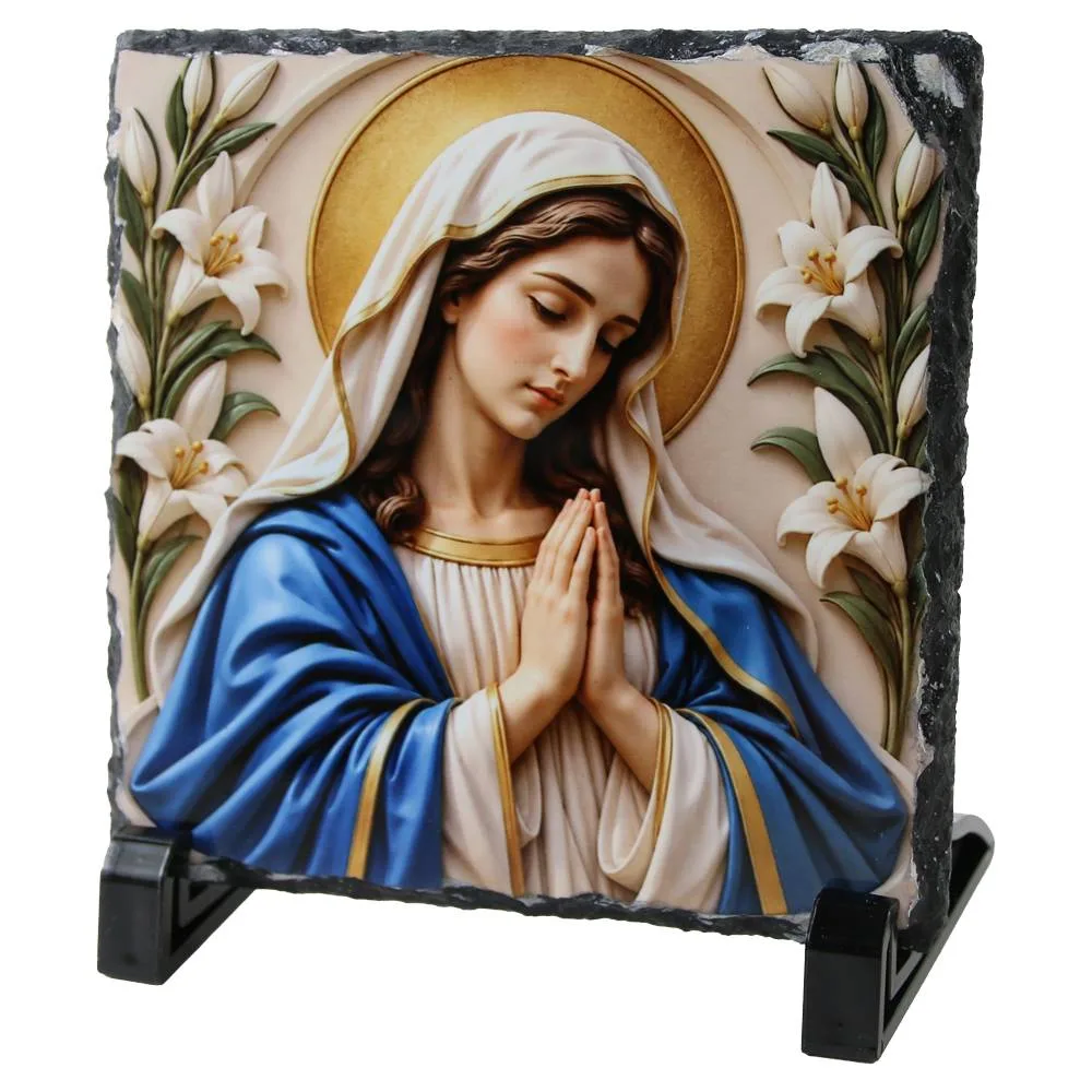 Placa ardezie 14x14 cm, Fecioara Maria cu crini albi