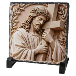 Placa ardezie 14x14 cm, Isus cu crucea si coroana de spini