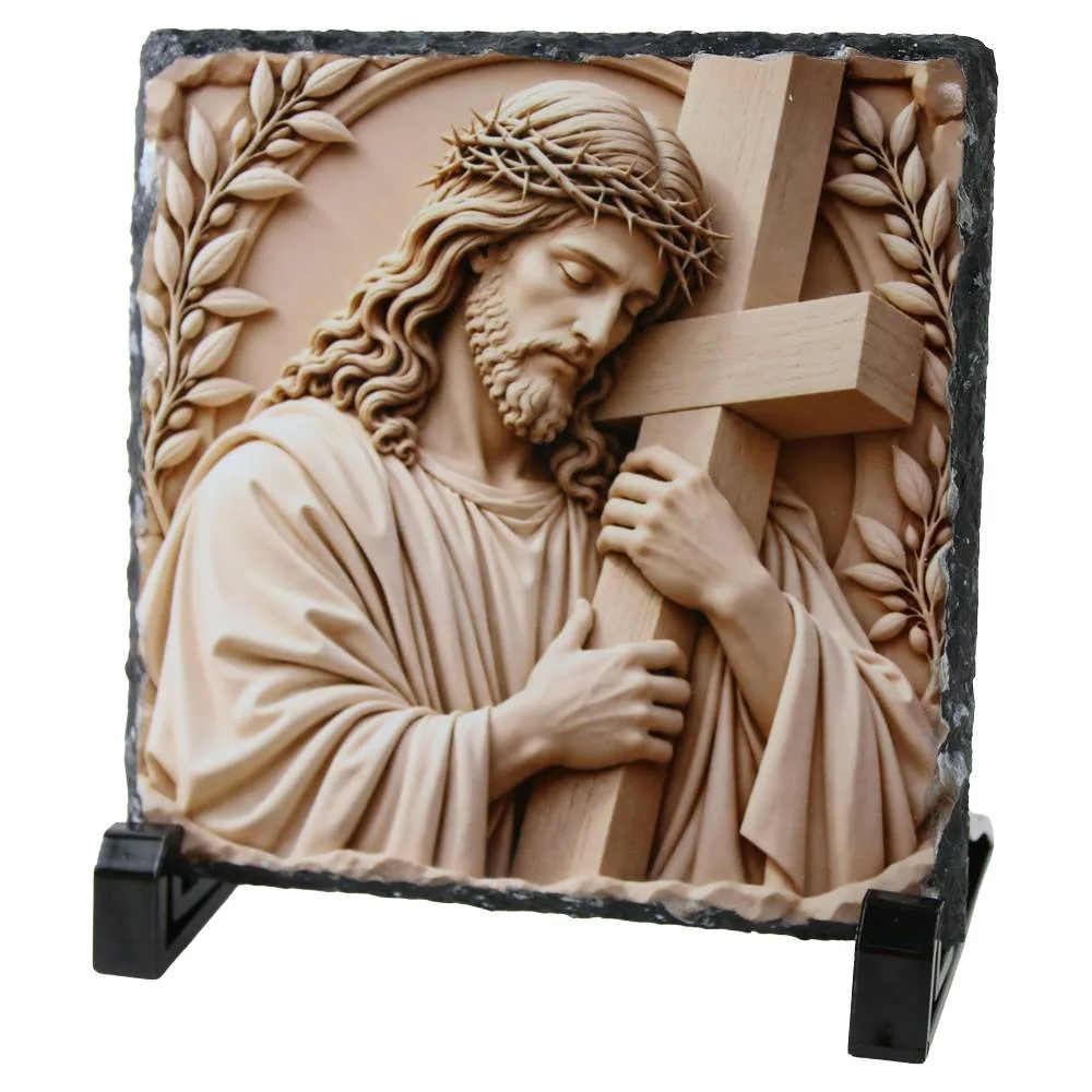 Placa ardezie 14x14 cm, Isus cu crucea si coroana de spini