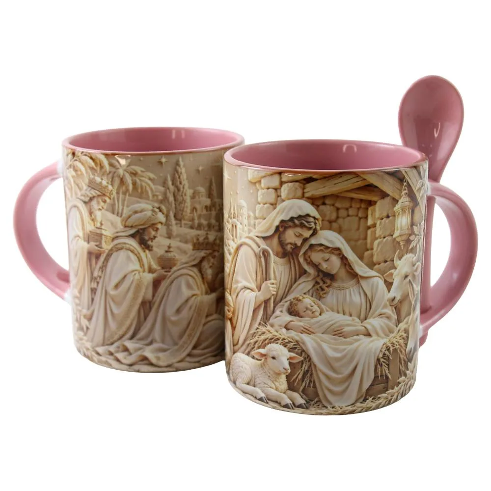 Cana ceramica cu lingurita Sfanta Familie cu Pruncul 330 ml, roz