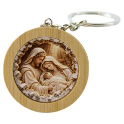 Breloc din bambus 4.5 cm, Sfanta Familie cu Pruncul