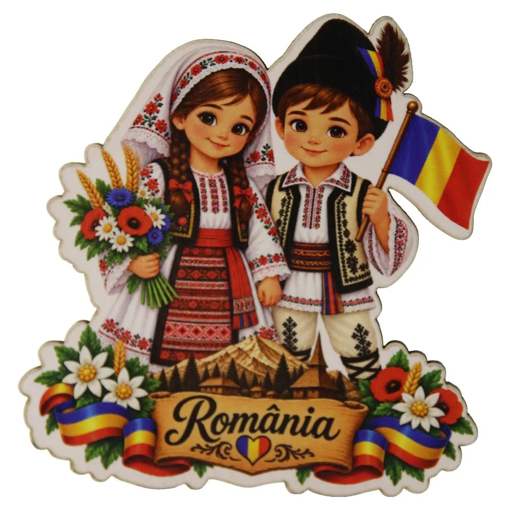 Magnet de frigider din placaj Romania 7 x 7 cm cuplu in port popular