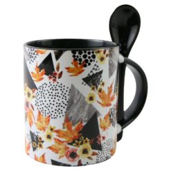 Cana ceramica cu lingurita 330 ml, Frunze de toamna, negru