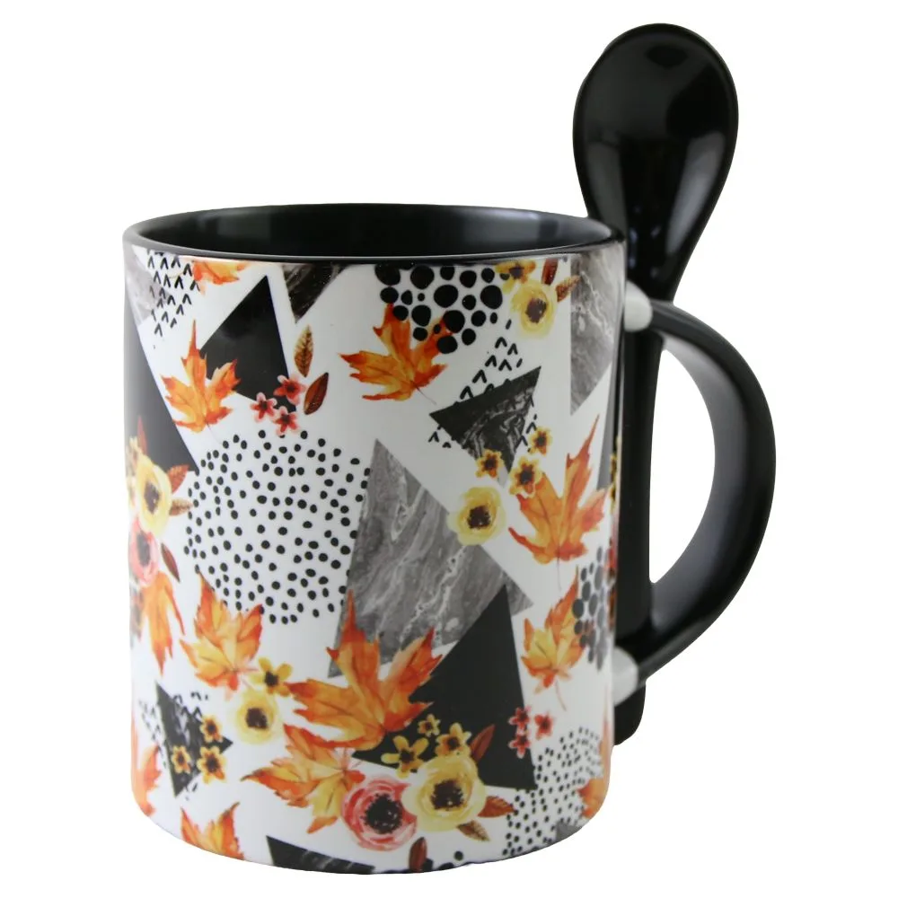 Cana ceramica cu lingurita 330 ml, Frunze de toamna, negru