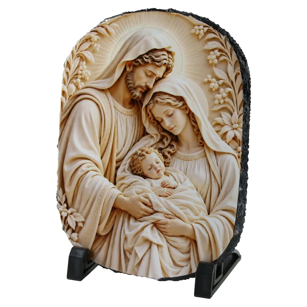 Placa ardezie ovala 14x19 cm, Sfanta Familie cu Pruncul