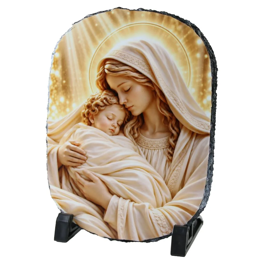 Placa ardezie ovala 14x19 cm, Sfanta Maria cu Iisus