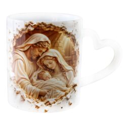 Cana ceramica de Craciun 330 ml, Sfanta Familie cu Pruncul, cu maner in forma de inima
