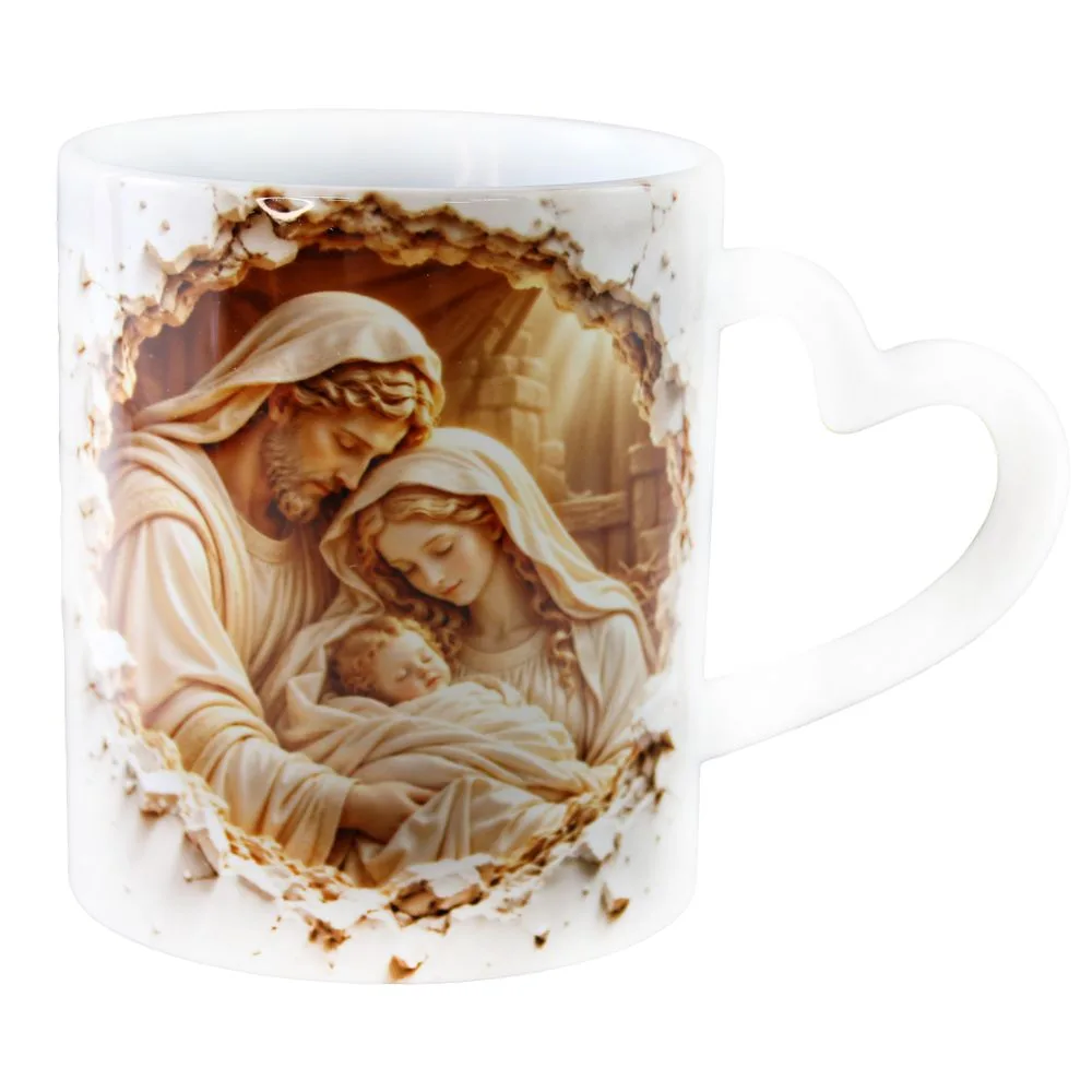 Cana ceramica de Craciun 330 ml, Sfanta Familie cu Pruncul, cu maner in forma de inima