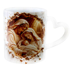 Cana ceramica de Craciun 330 ml, Sfanta Familie cu Pruncul, cu maner in forma de inima