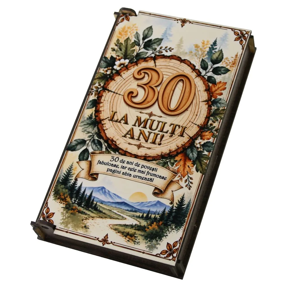 Caseta cadou din lemn pentru bani "La multi ani 30" 10 x 17 cm
