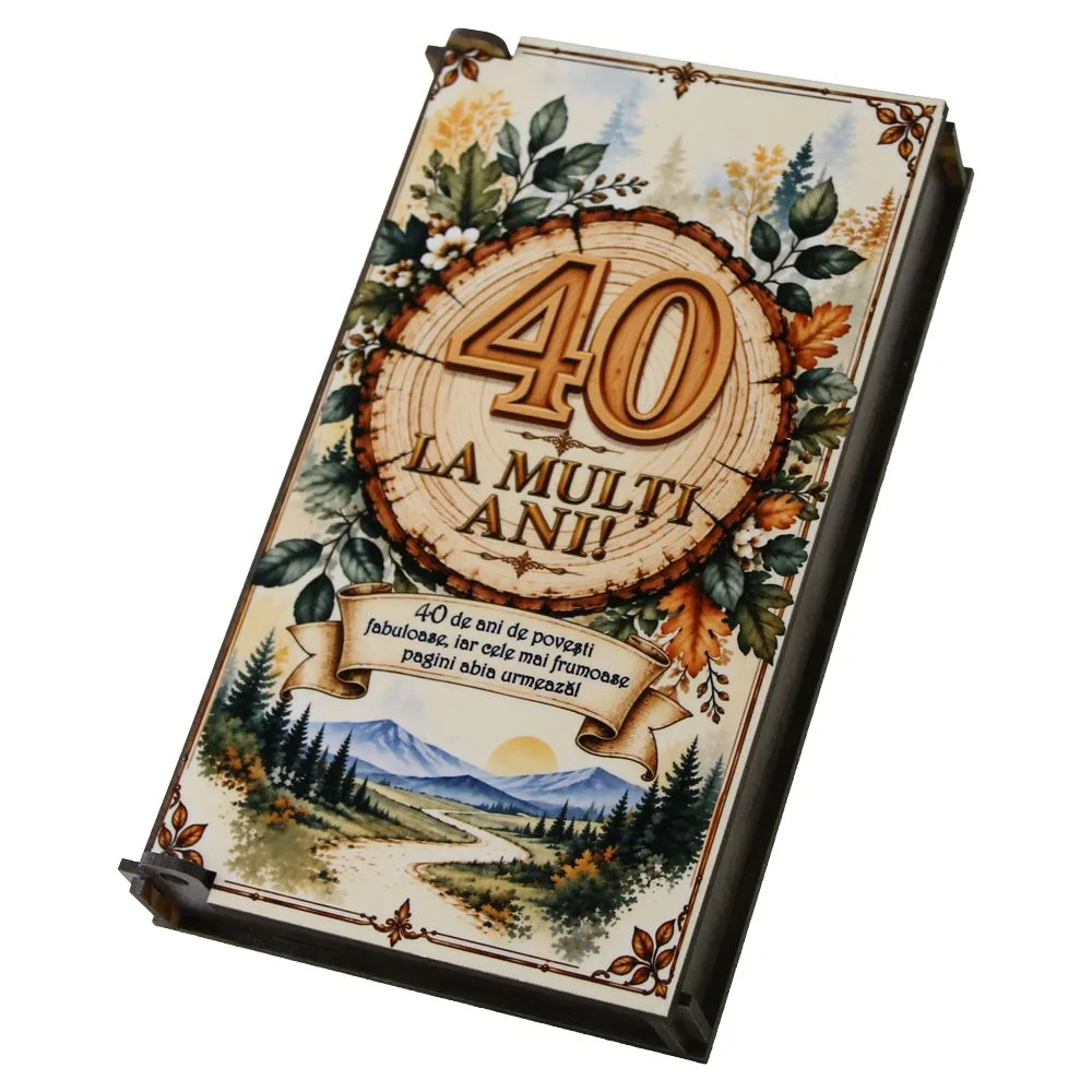 Caseta cadou din lemn pentru bani "La multi ani 40" 10 x 17 cm