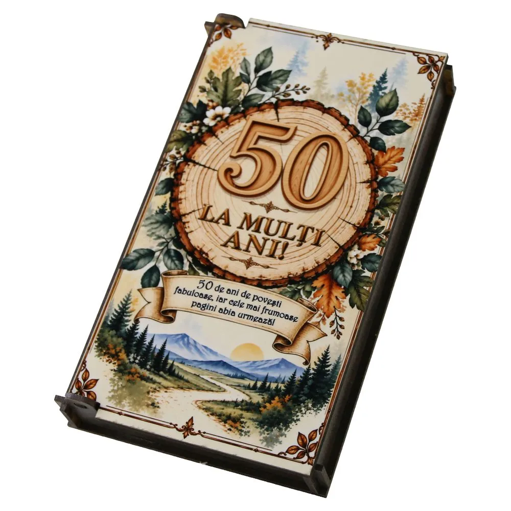 Caseta cadou din lemn pentru bani "La multi ani 50" 10 x 17 cm