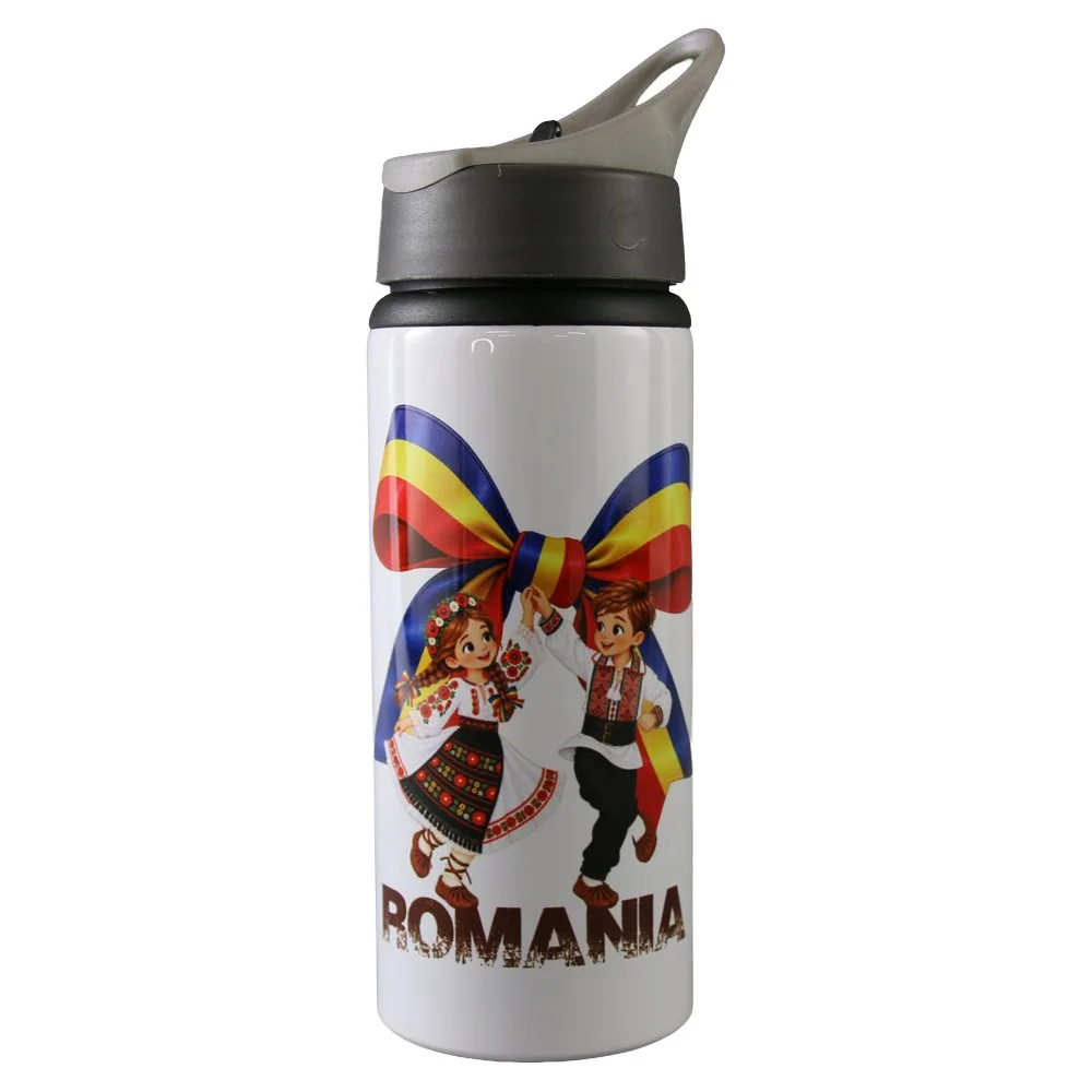 Termos metalic cu pai Romania 500 ml, Funda tricolora si copii