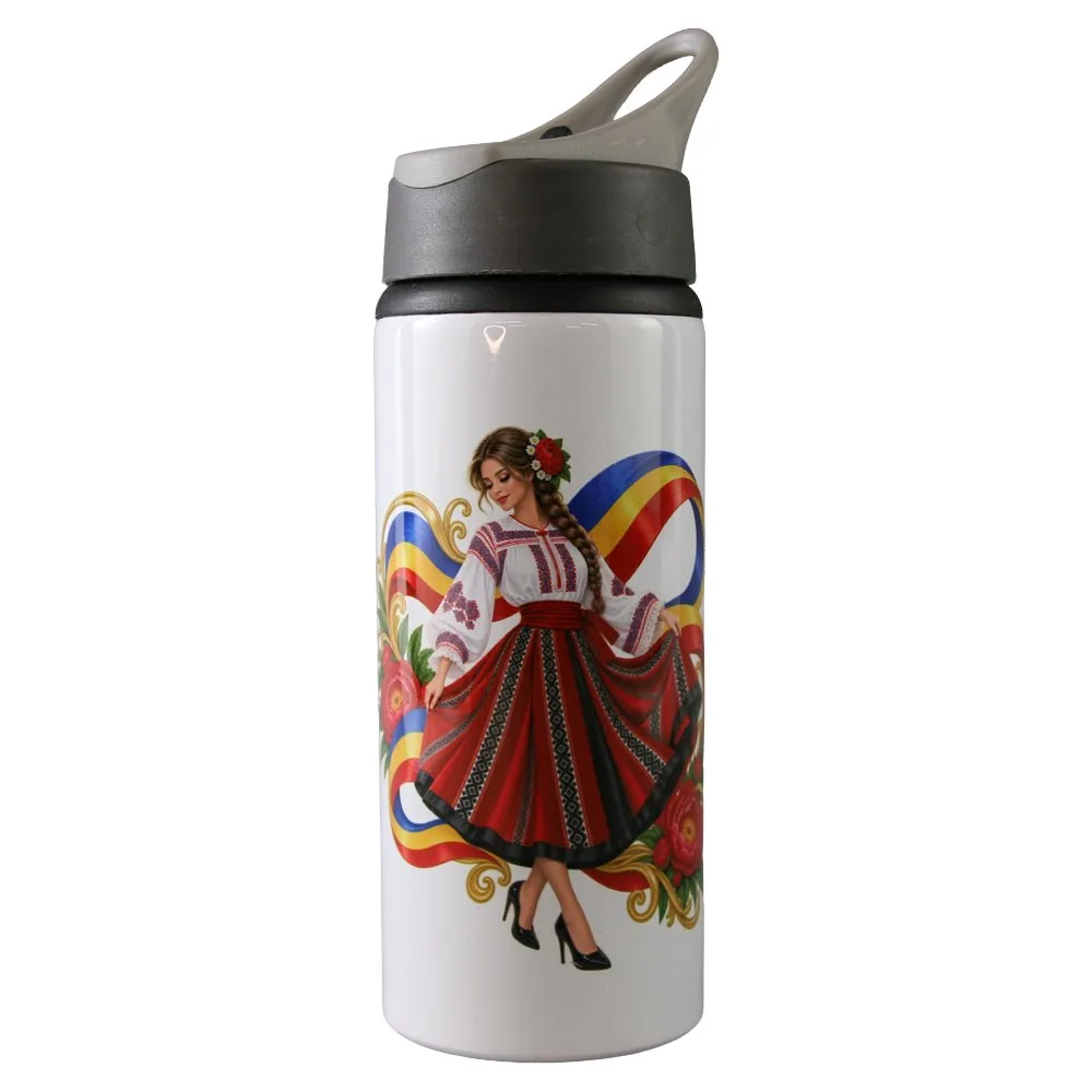 Termos metalic cu pai Romania 500 ml, Femeie in port popular