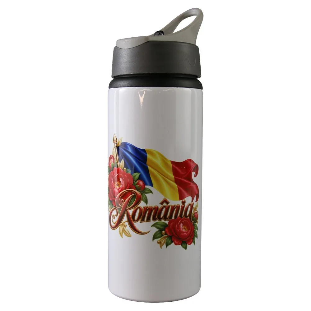 Termos metalic cu pai Romania 500 ml, Steag tricolor si bujori