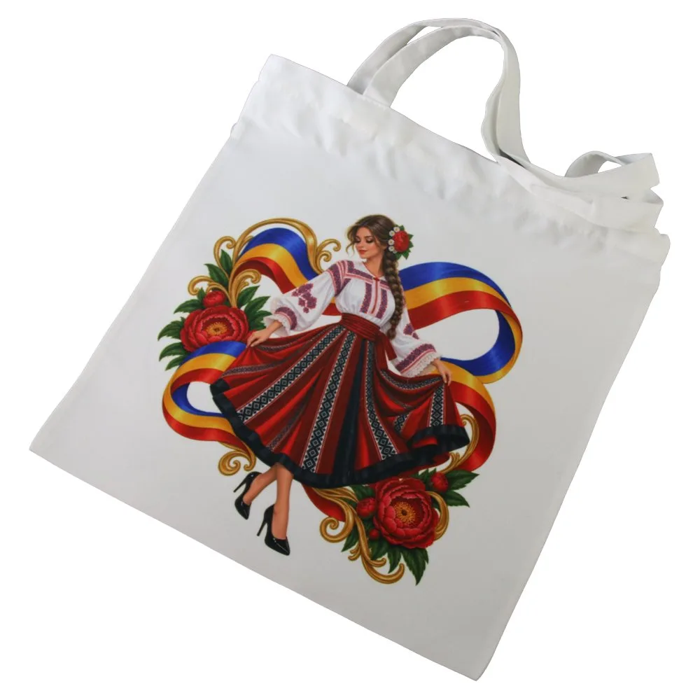 Sacosa textila Romania 36x39 cm, Femeie in port popular