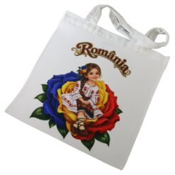Sacosa textila Romania 36x39 cm, Fetita si trandafir tricolor