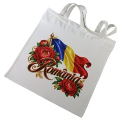 Sacosa textila Romania 36x39 cm, Steag tricolor si bujori